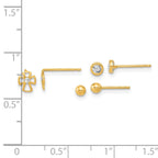 FJC Finejewelers 14 kt Yellow Gold Button Set of Ball Post Cross and CZ Bezel 3 Pair Earrings Set 5 x 5 mm