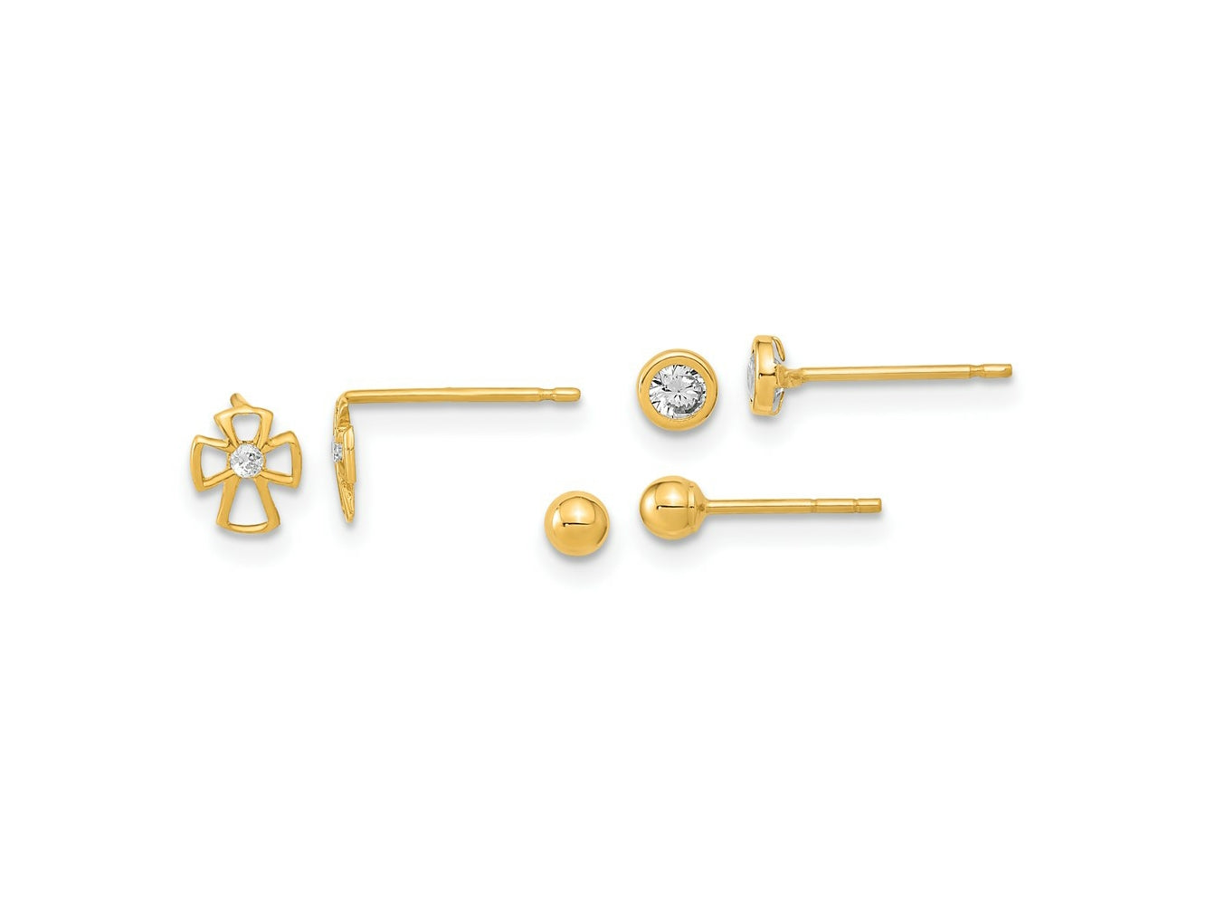 FJC Finejewelers 14 kt Yellow Gold Button Set of Ball Post Cross and CZ Bezel 3 Pair Earrings Set 5 x 5 mm