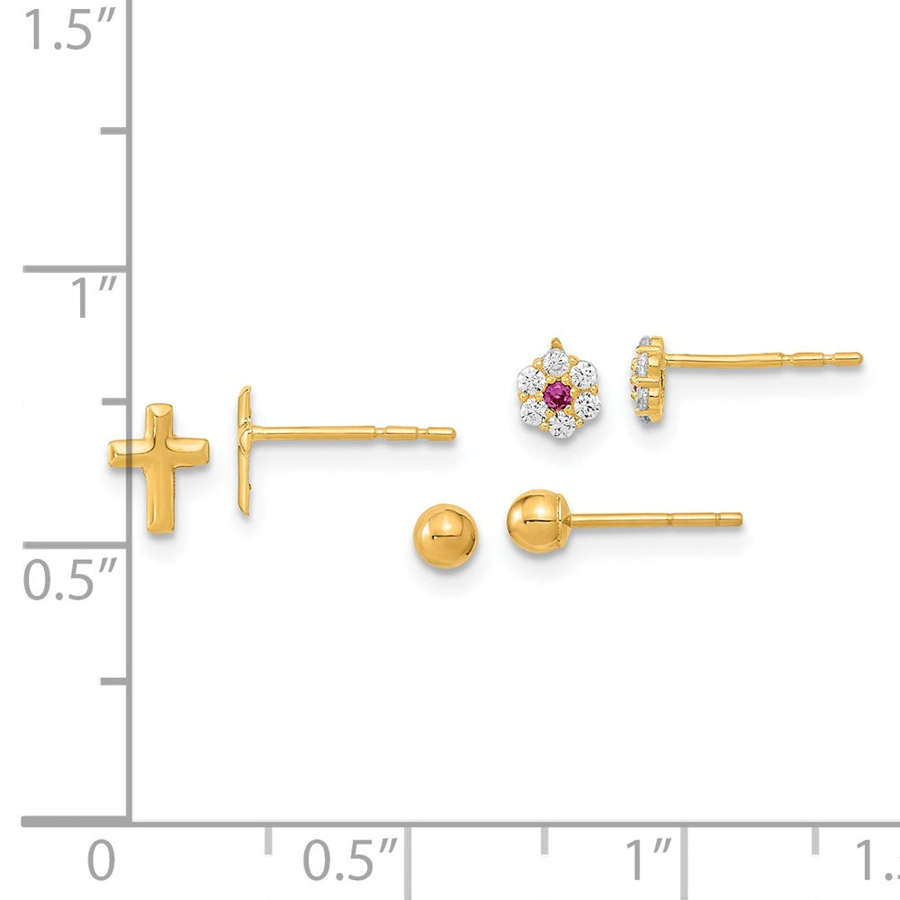 FJC Finejewelers 14 kt Yellow Gold Button Set of Ball Post CZ Flowers and Cross 3 Pair Earrings Set 6 x 4 mm