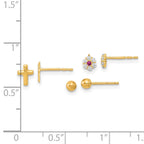FJC Finejewelers 14 kt Yellow Gold Button Set of Ball Post CZ Flowers and Cross 3 Pair Earrings Set 6 x 4 mm