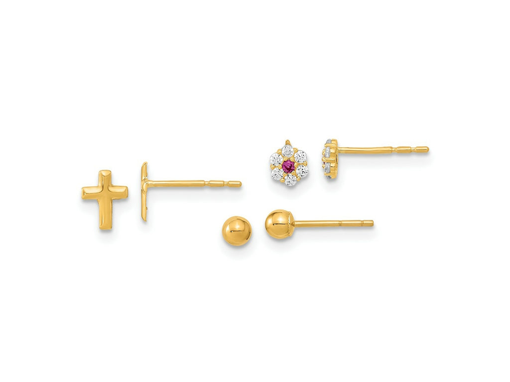 FJC Finejewelers 14 kt Yellow Gold Button Set of Ball Post CZ Flowers and Cross 3 Pair Earrings Set 6 x 4 mm