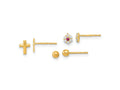 FJC Finejewelers 14 kt Yellow Gold Button Set of Ball Post CZ Flowers and Cross 3 Pair Earrings Set 6 x 4 mm