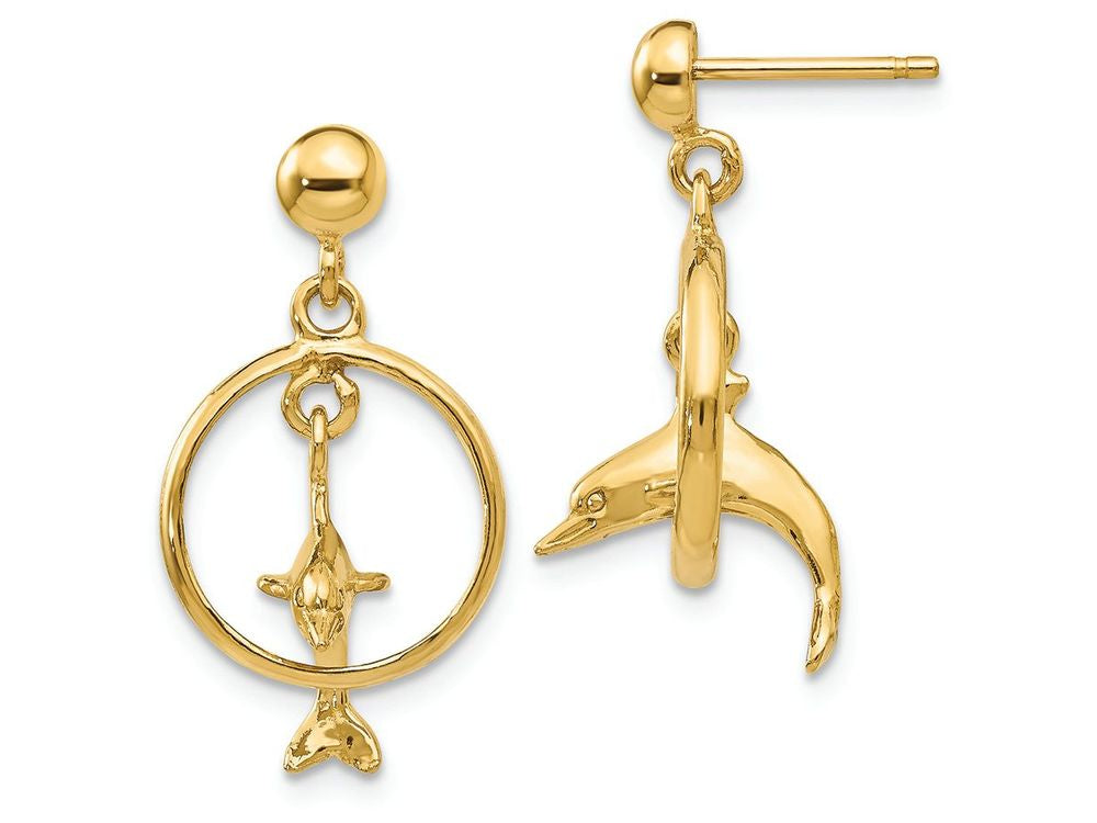 FJC Finejewelers 14k Yellow Gold Polished 3-d Dolphin Jumping Through Hoop Dangle Earrings