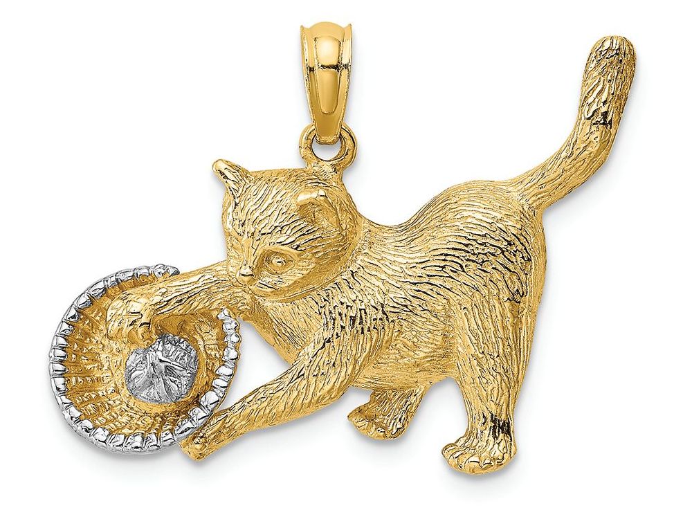 FJC Finejewelers 14k Yellow Gold with Rhodium Cat Playing with Yarn In Basket Charm