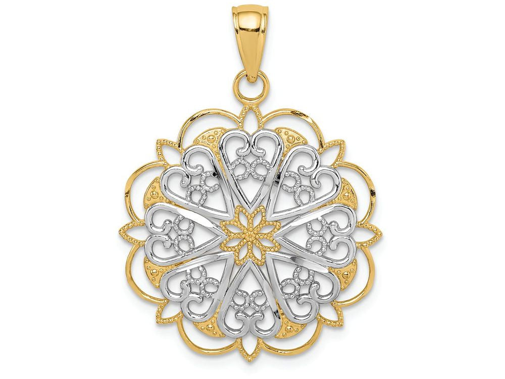 FJC Finejewelers 14k Yellow Gold with Rhodium Filigree Hearts with Scalloped Edge Charm