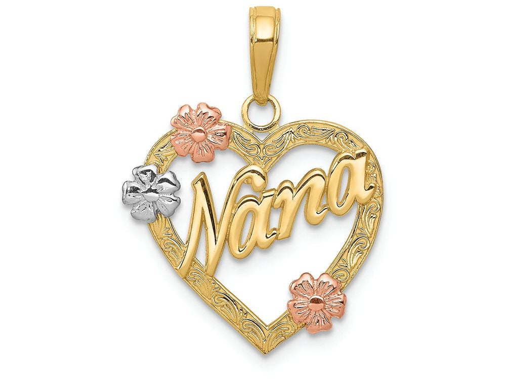 FJC Finejewelers 14 Kt Tri Color Gold Nana In Heart with Flowers Charm