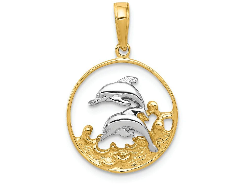 FJC Finejewelers 14k Yellow Gold with Rhodium Double Dolphins In Circle Charm
