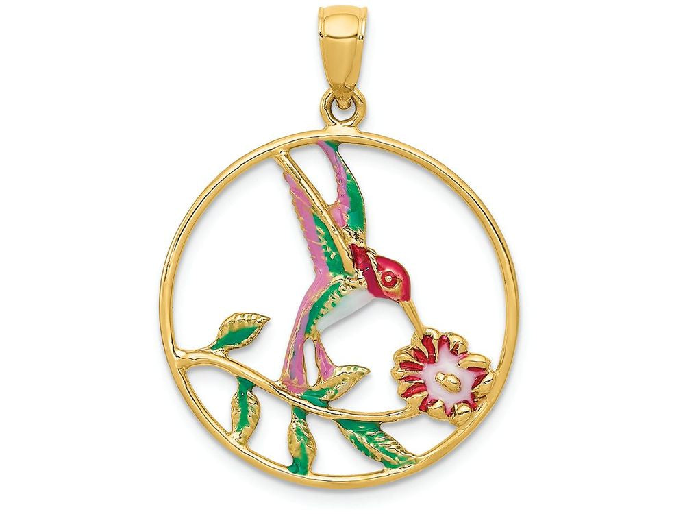 FJC Finejewelers 14k Yellow Gold Enameled Hummingbird Flower Round Frame Charm