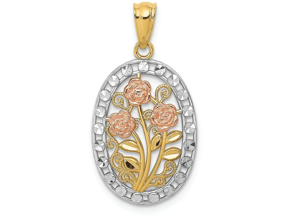 FJC Finejewelers 14k Yr Gold with Rhodium Polished Textured Oval 3 Rose Charm