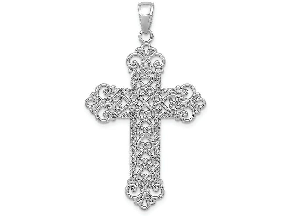 FJC Finejewelers 14k White Gold Large Rope Frame Filigree Cross with Fleur-de-lis Tips(1o Charm