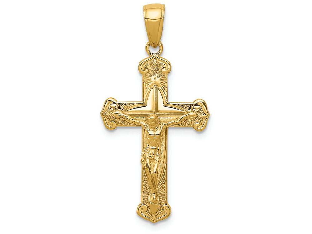 FJC Finejewelers 14k Yellow Gold Polished Textured Crucifix with Jesus On Engraved Cross Charm