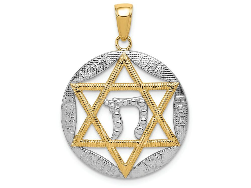 FJC Finejewelers 14k Yellow Gold with Rhodium Polished Jewish Star with Chai In Round Charm