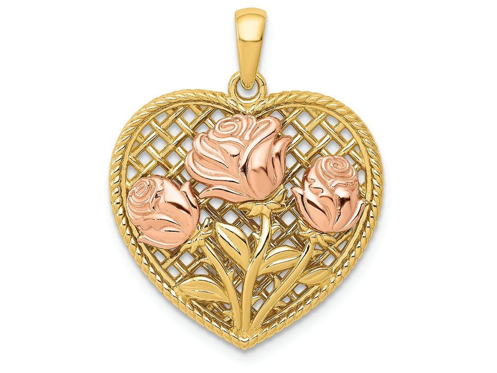 FJC Finejewelers 14k Yellow Rose Gold Polished Roses Basketweave Heart Charm