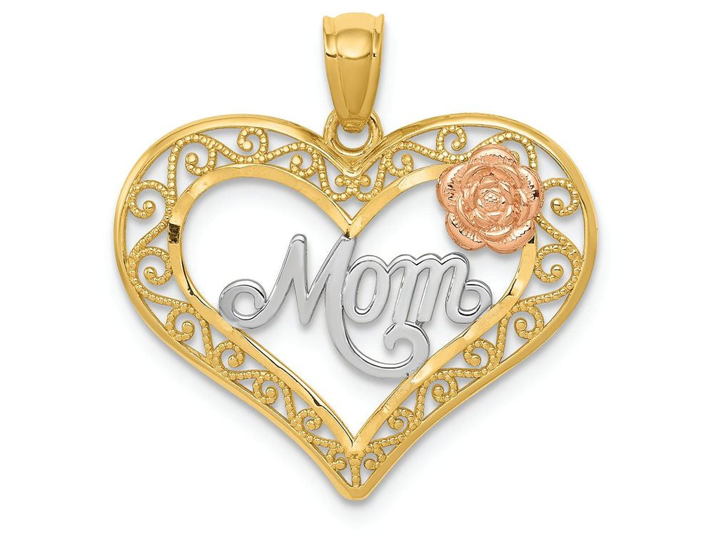 FJC Finejewelers 14k Yellow Rose Gold with with Rhodium Dc Mom In Heart with Rose Charm