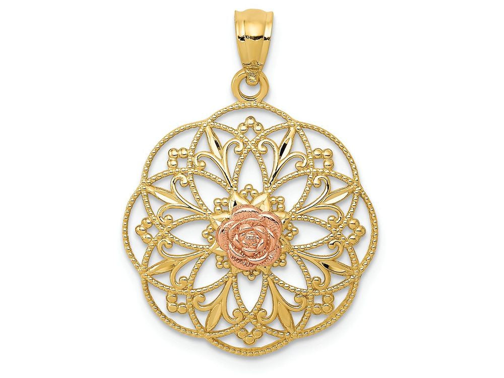 FJC Finejewelers 14k Yellow Rose Gold Polished Rose In Round Filigree Charm