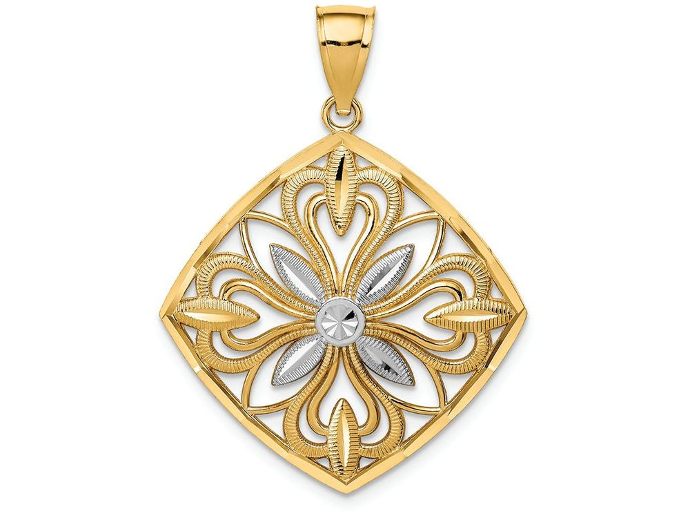 FJC Finejewelers 14k Yellow Gold with with Rhodium Bright Cut Polished Fancy Square Charm