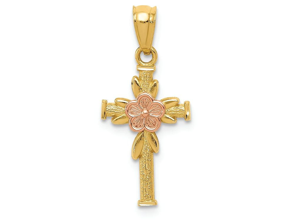 FJC Finejewelers 14k Yellow Rose Gold Polished Bright Cut Cross with Flower Charm