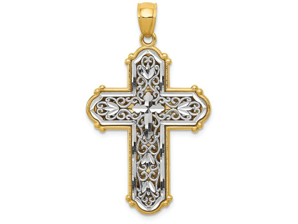 FJC Finejewelers 14k Yellow Gold with with Rhodium Reversible Bright Cut Filigree Cross Charm