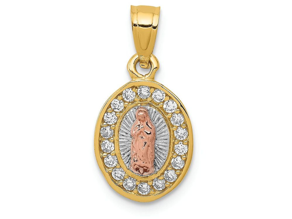 FJC Finejewelers 14k Two-tone Gold with Rhodium Bright Cut Oval CZ Lady Of Guadalupe Charm