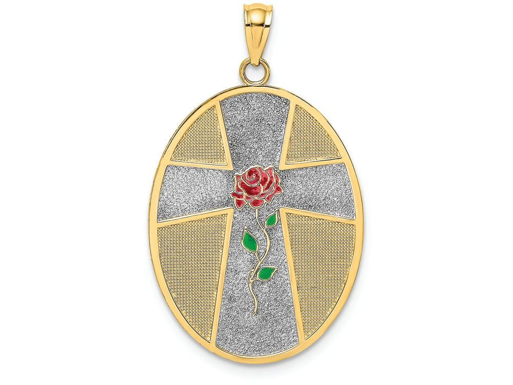 FJC Finejewelers 14k Yellow Gold Serenity Prayer Oval Disc with Enamel Rose Reverse Charm