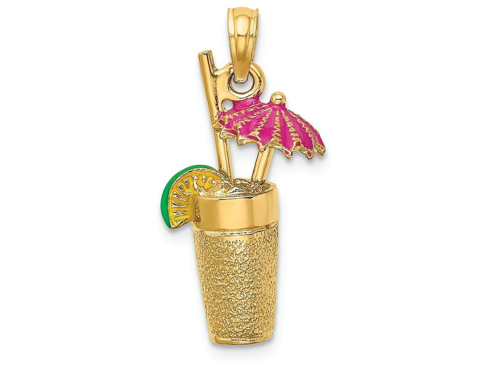 FJC Finejewelers 14k Yellow Gold 3d Cocktail Drink with Fuschia Umbrella Lime Charm