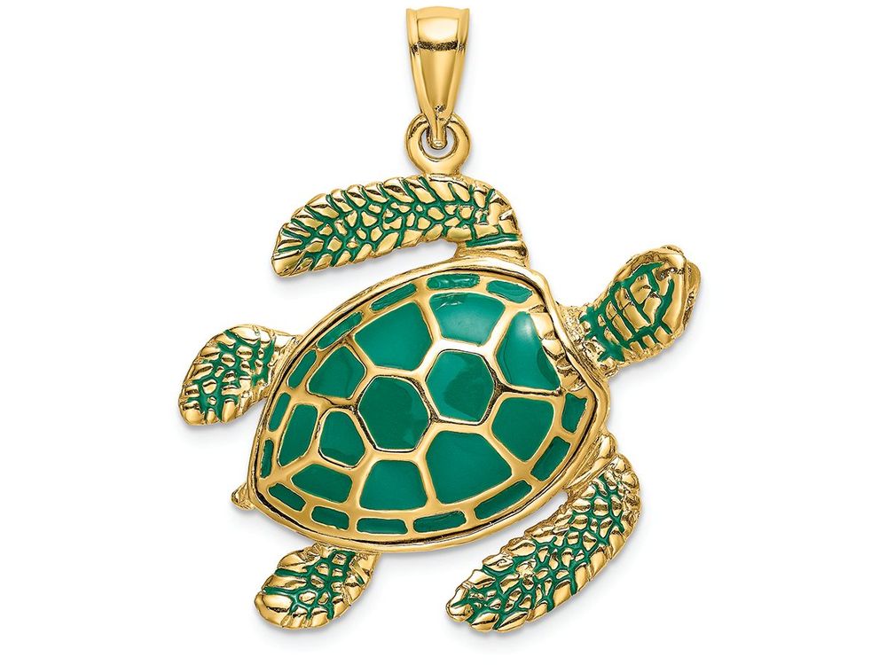 FJC Finejewelers 14k Yellow Gold 3d Large Sea Turtle with Green Enamel Shell Charm