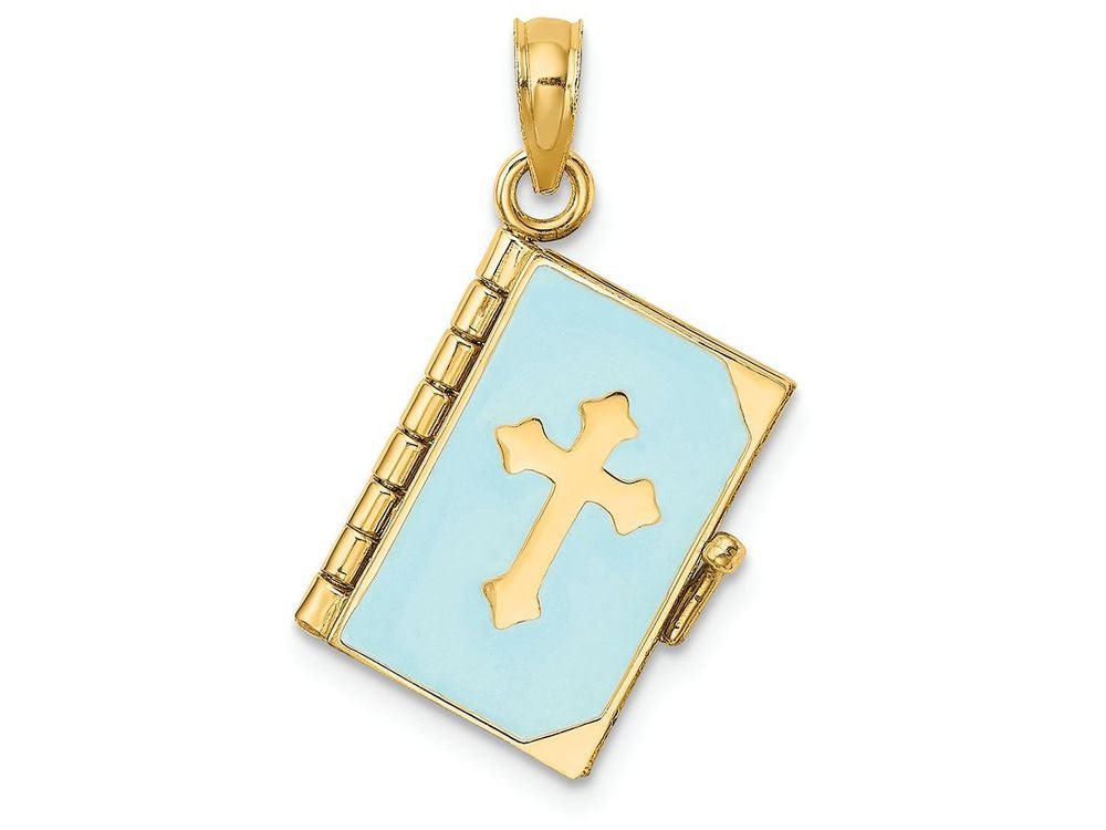 FJC Finejewelers 14k Yellow Gold 3d Bible Book with Light Blue Cross Covermoveable Pages Charm