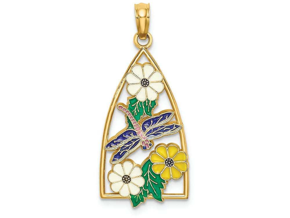 FJC Finejewelers 14k Yellow Gold Dragonfly Flowers In Triangle with Enamel Charm