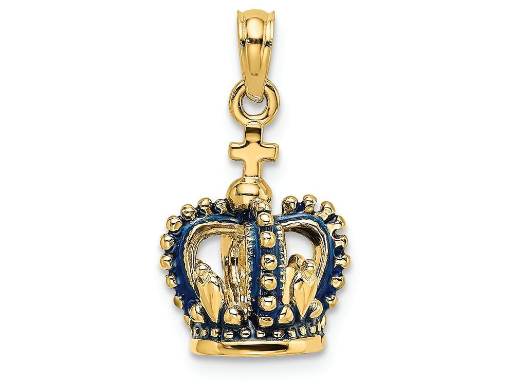 FJC Finejewelers 14k Yellow Gold 3d Blue Enamel Crown with Cross On Top Charm