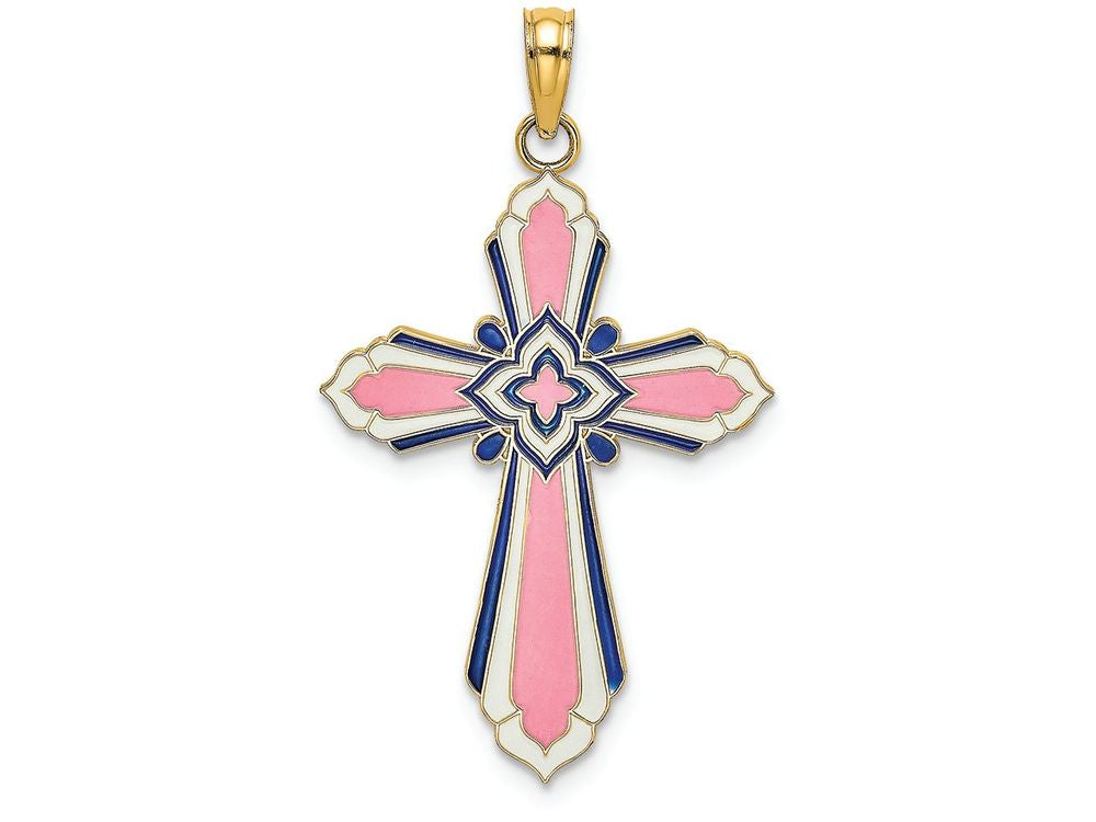 FJC Finejewelers 14k Yellow Gold 3d Pink Enamel Cross Accent Charm