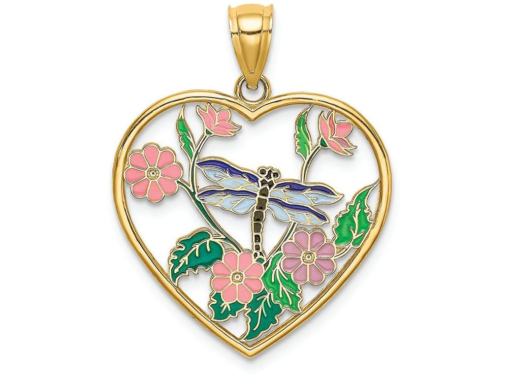 FJC Finejewelers 14k Yellow Gold Dragonfly Flowers In Heart with Enamel Charm
