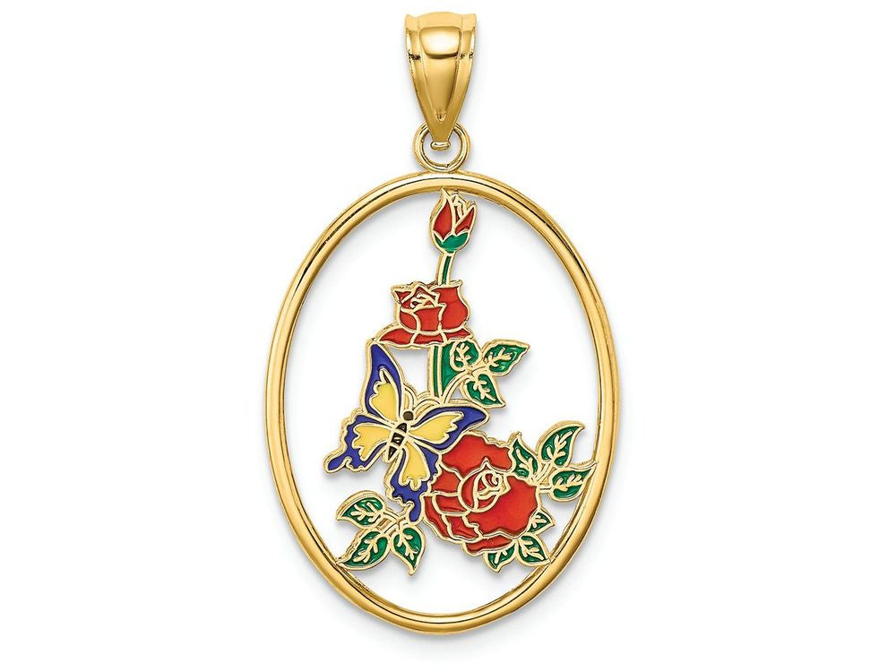 FJC Finejewelers 14k Yellow Gold Yellow Butterfly In Oval with Enamel Red Flower Charm