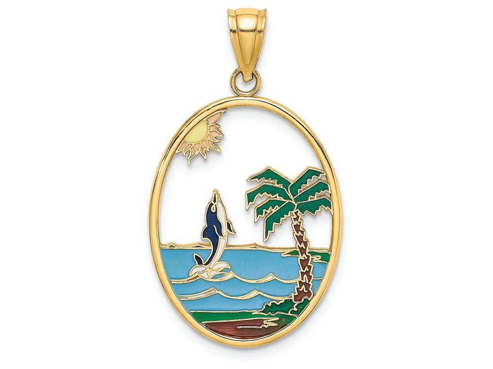 FJC Finejewelers 14k Yellow Gold Dolphin Jumping In Oval with Enamel Beach Scene Charm