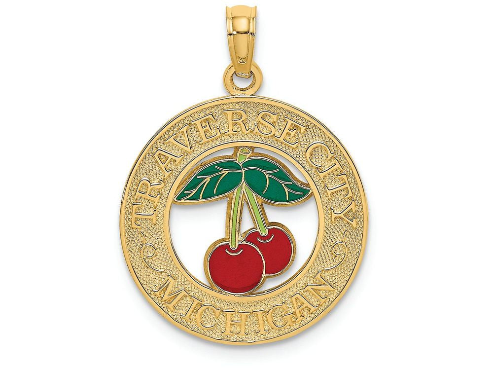 FJC Finejewelers 14k Yellow Gold Traverse City Mi On Round Frame with Red Cherry Center Charm