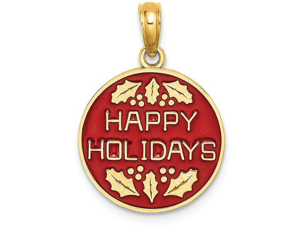 FJC Finejewelers 14k Yellow Gold Happy Holidays with Holly On Round Disc (green Red) Charm