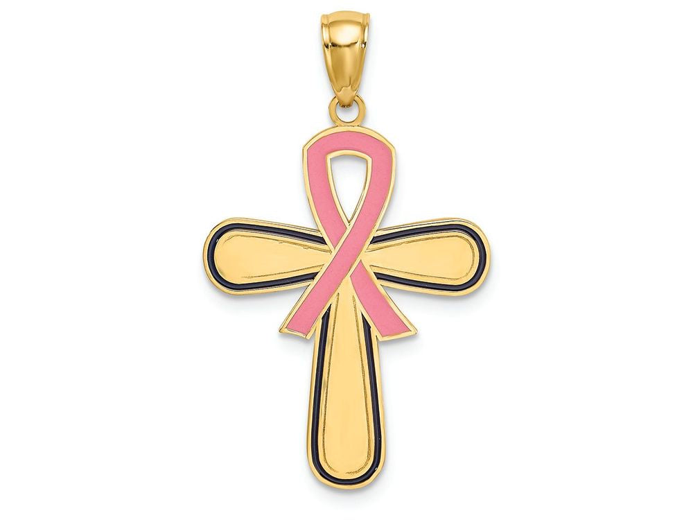FJC Finejewelers 14k Yellow Gold Cross with Pink Ribbon - Breast Cancer Charm