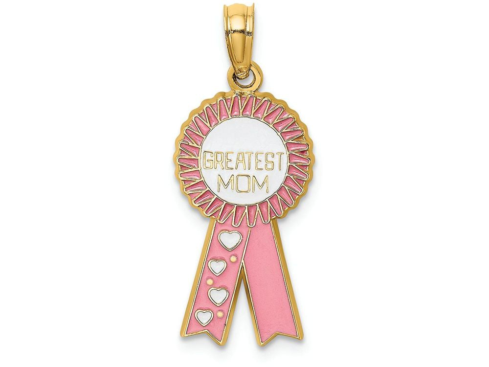 FJC Finejewelers 14k Yellow Gold Greatest Mom Ribbon with Pink Enamel Charm