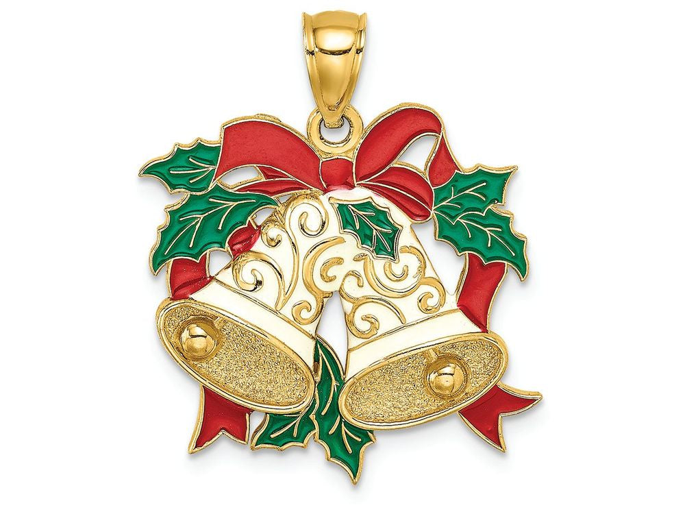 FJC Finejewelers 14k Yellow Gold Holiday Bells Holly with Enamel ~ Green Red White Charm