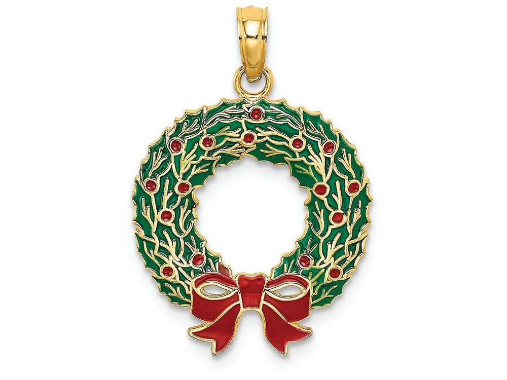 FJC Finejewelers 14k Yellow Gold Christmas Wreath with Enamel ~ Green Red Charm