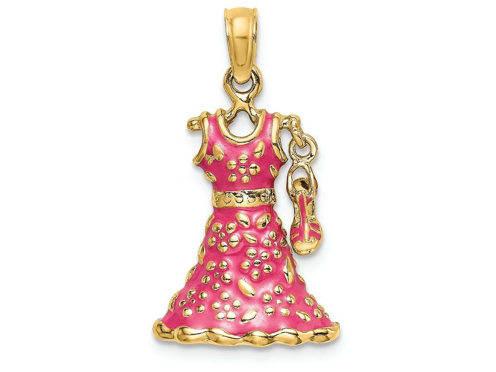 FJC Finejewelers 14k Yellow Gold 3d Fuschia Floral Dress with Open Toe Shoemoveable Charm