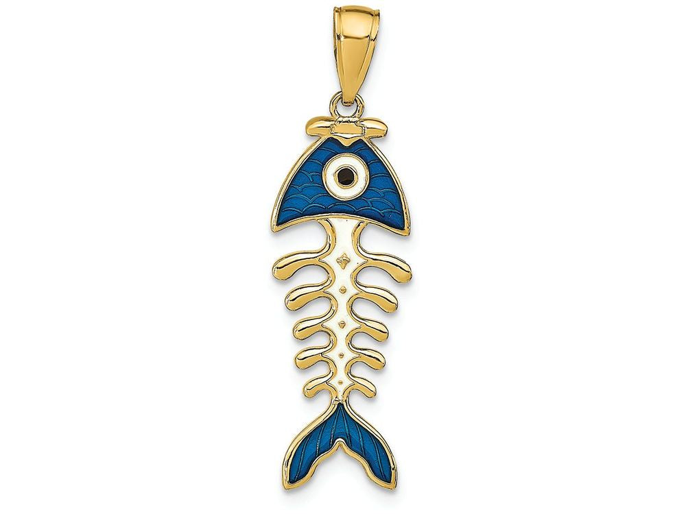 FJC Finejewelers 14k Yellow Gold 3d Fishbone with Blue Enamel Charm