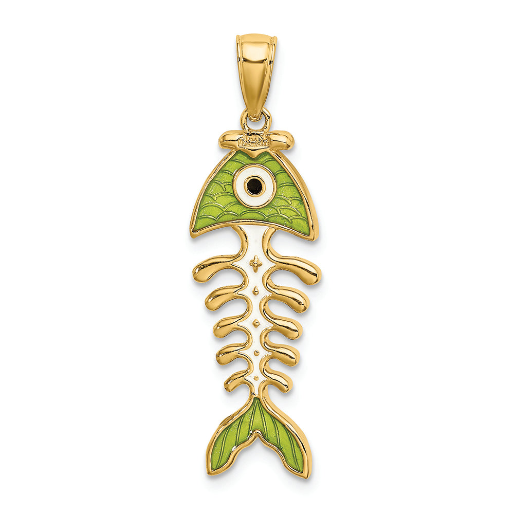 FJC Finejewelers 14k Yellow Gold 3d Fishbone with Green Enamel Charm
