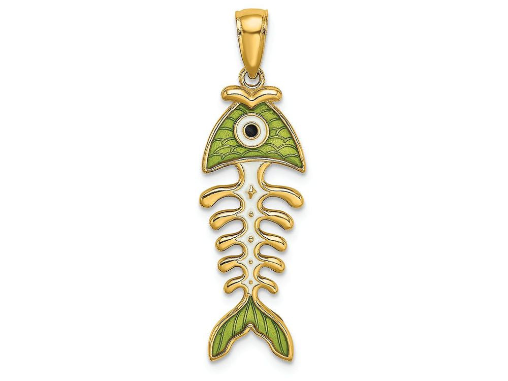 FJC Finejewelers 14k Yellow Gold 3d Fishbone with Green Enamel Charm
