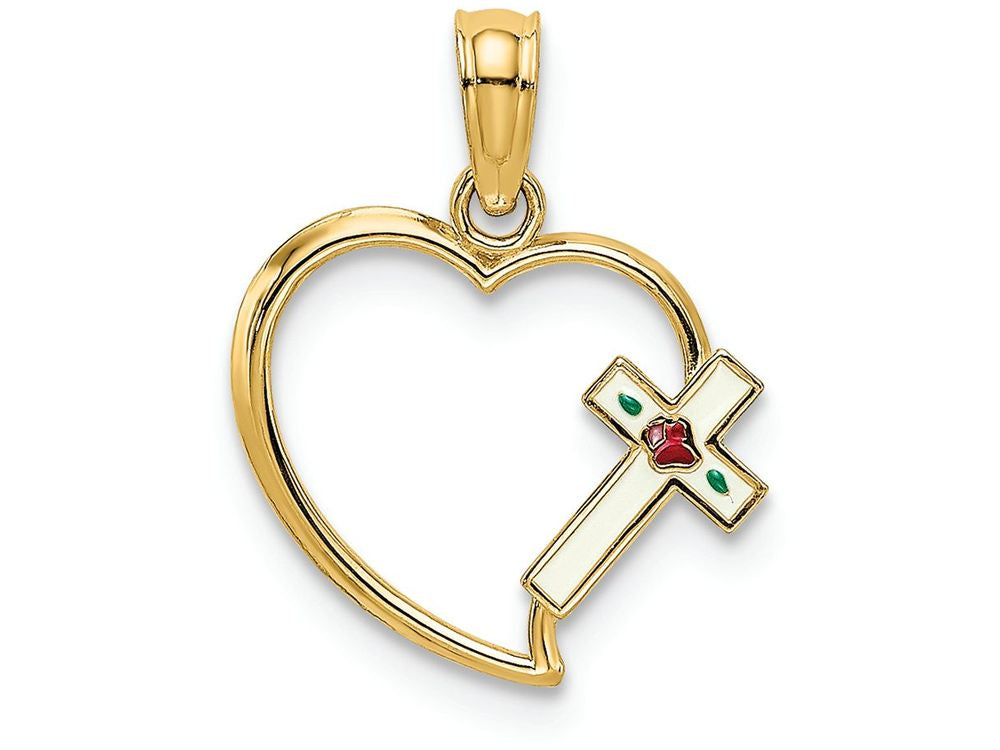 FJC Finejewelers 14k Yellow Gold Heart with Enamel Cross Charmcut-out