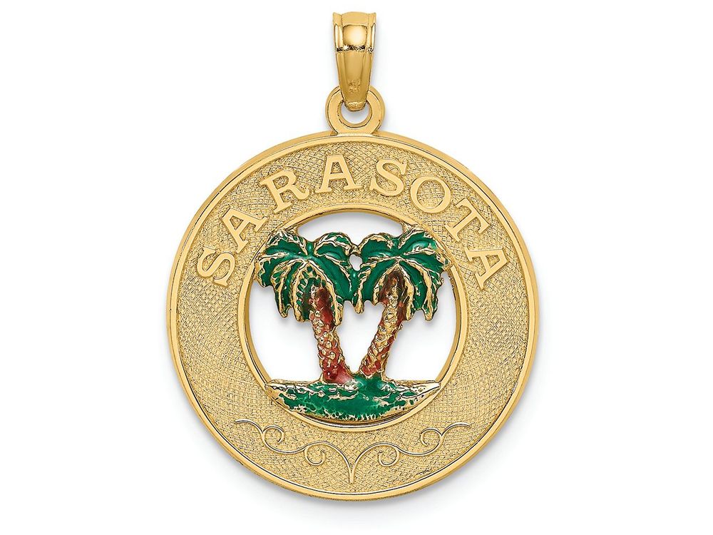 FJC Finejewelers 14k Yellow Gold Sarasota Round Frame with Green Double Palm Tree Center Charm