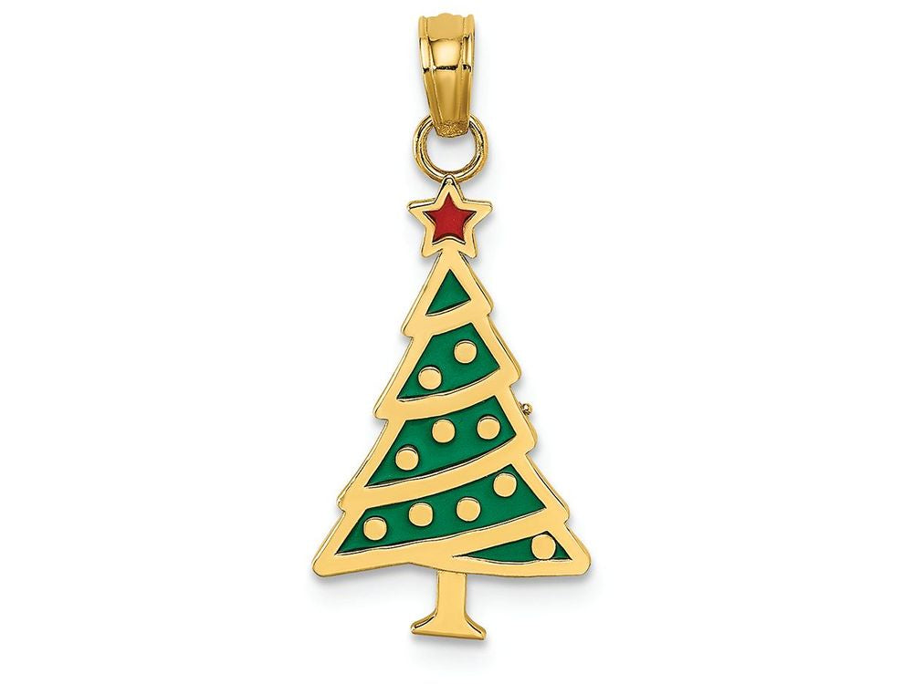 FJC Finejewelers 14k Yellow Gold Green Christmas Tree with Red Enamel Star Charm