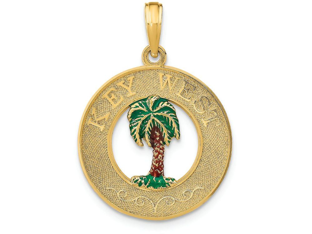 FJC Finejewelers 14k Yellow Gold Key West On Round Frame with Green Palm Tree Center Charm