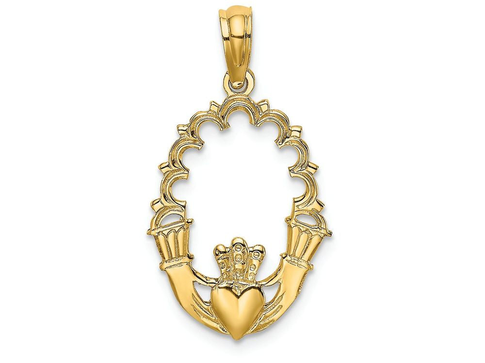 FJC Finejewelers 14k Yellow Gold Claddagh In Oval with Lace Trim Polish Engraved Charm