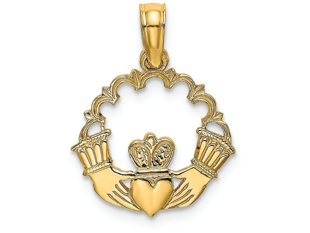 FJC Finejewelers 14k Yellow Gold Claddagh In Scallop Circle Polish Engraved Charm