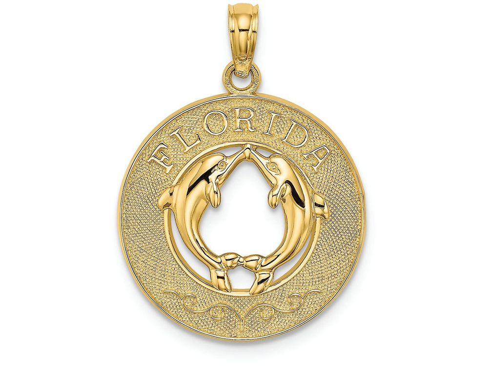 FJC Finejewelers 14k Yellow Gold Florida On Round Frame with Dolphins In Center Charm